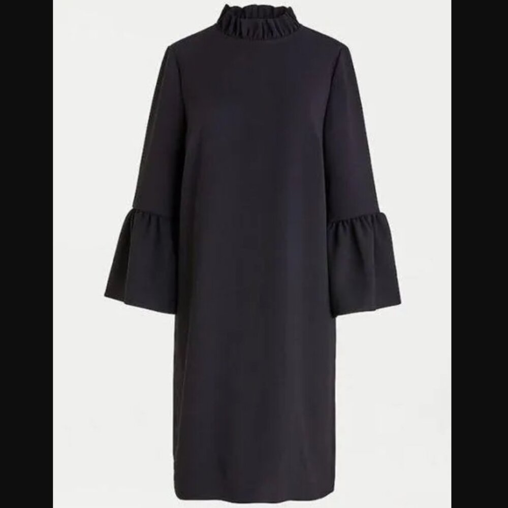 J. Crew Black Ruffle Neck Collar Bell Sleeve Black Shift Dress SZ 10